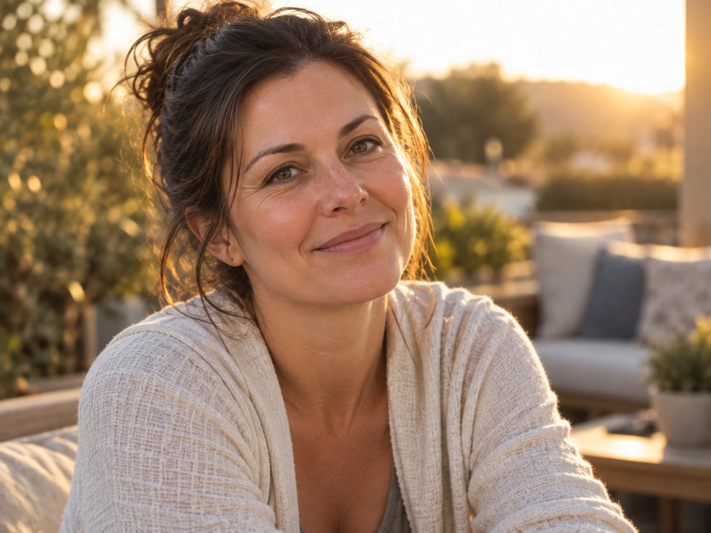 Woman smiling outdoors with fresh-looking skin
