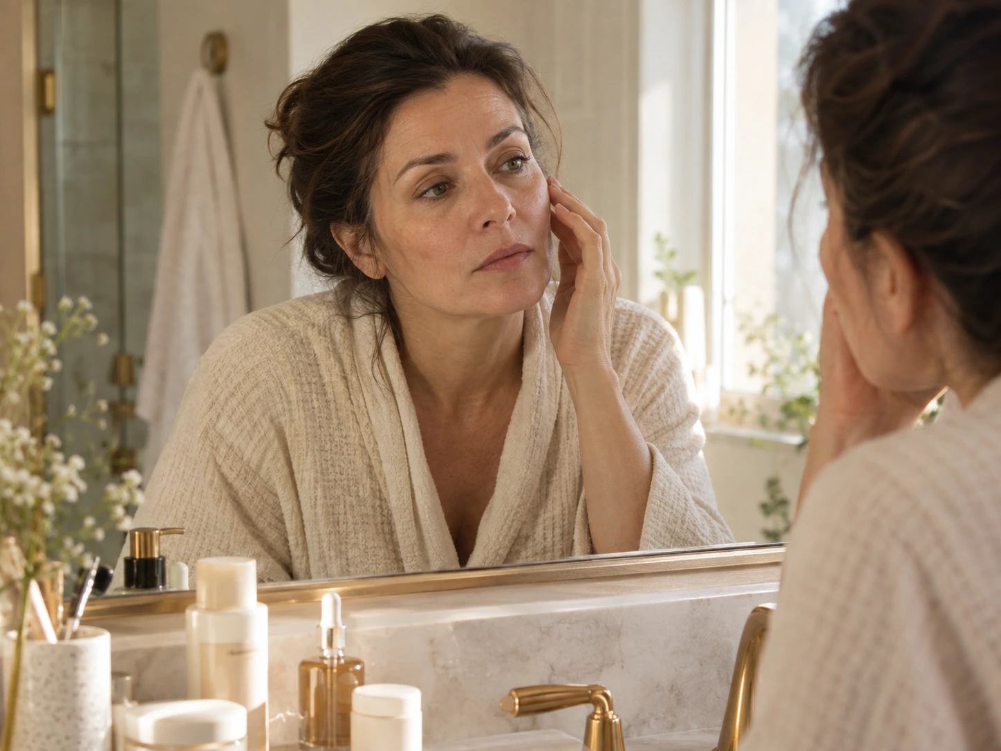 Woman looking closely at her skin in the bathroom mirror