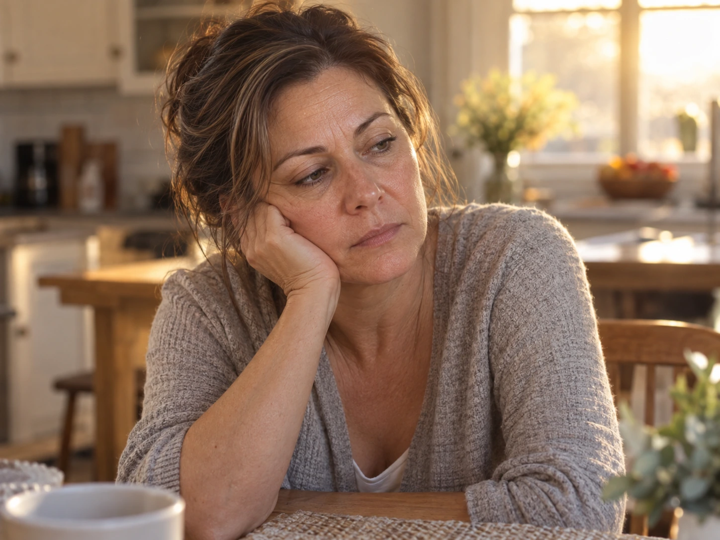 Woman with tired-looking skin at the kitchen table