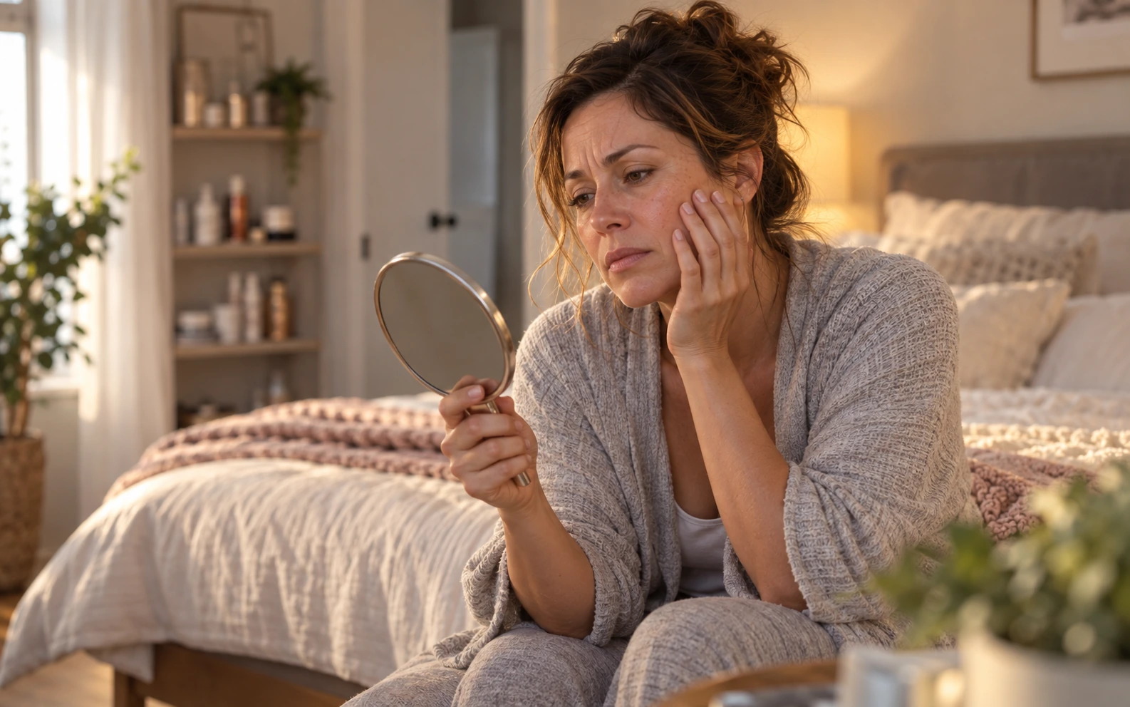 Woman looking at a hand mirror
