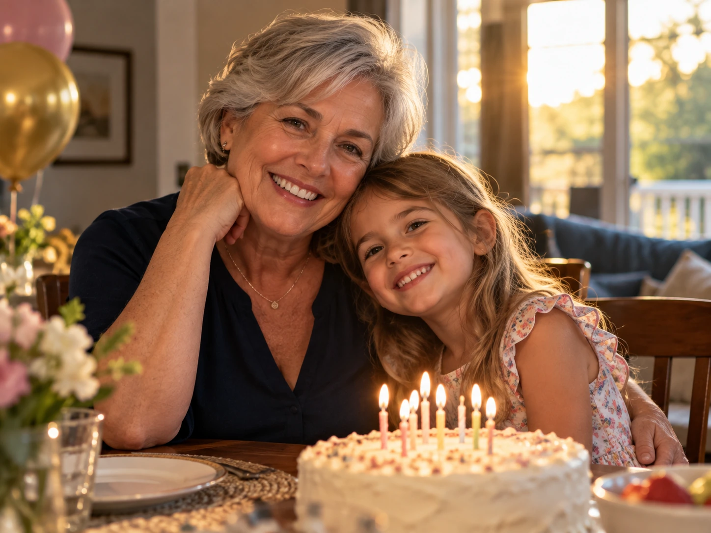 Grandmother smiling at a family birthday table