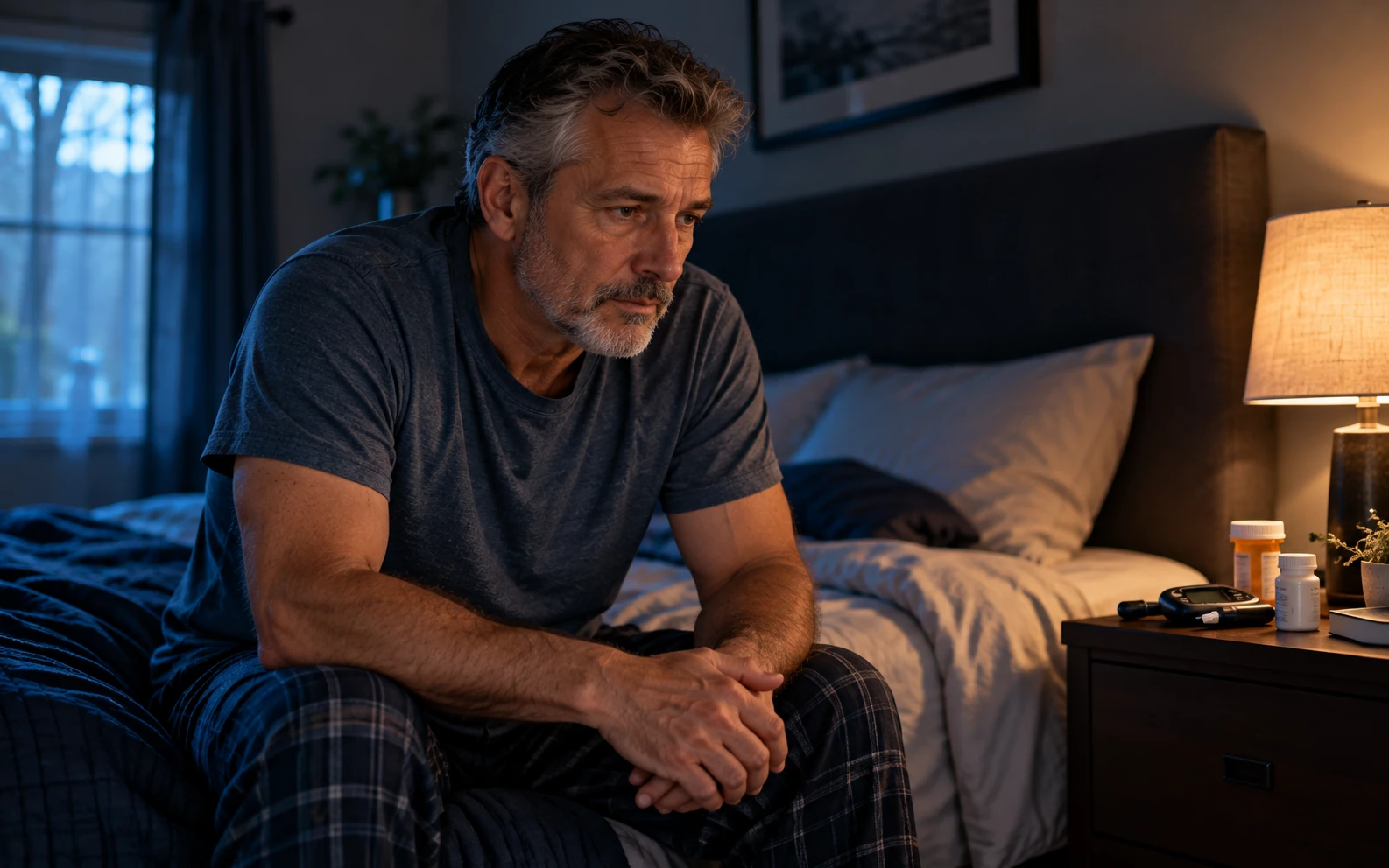 Man sitting quietly on the edge of his bed in the morning