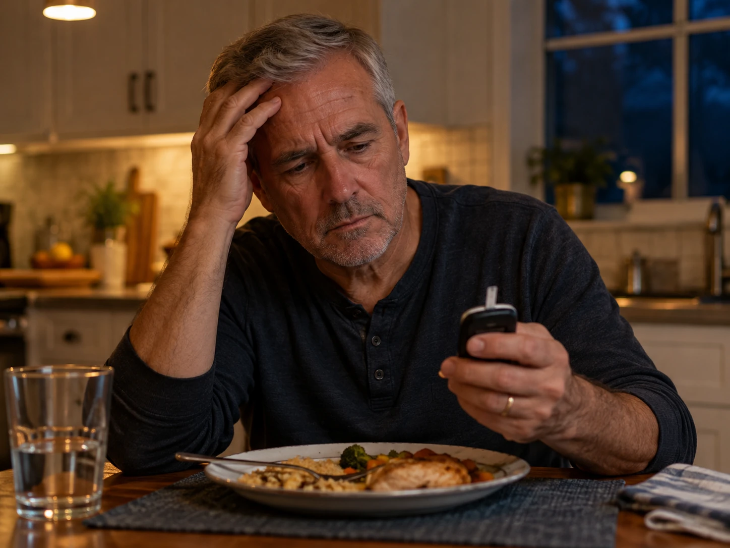 Man at the dinner table looking at his glucose meter