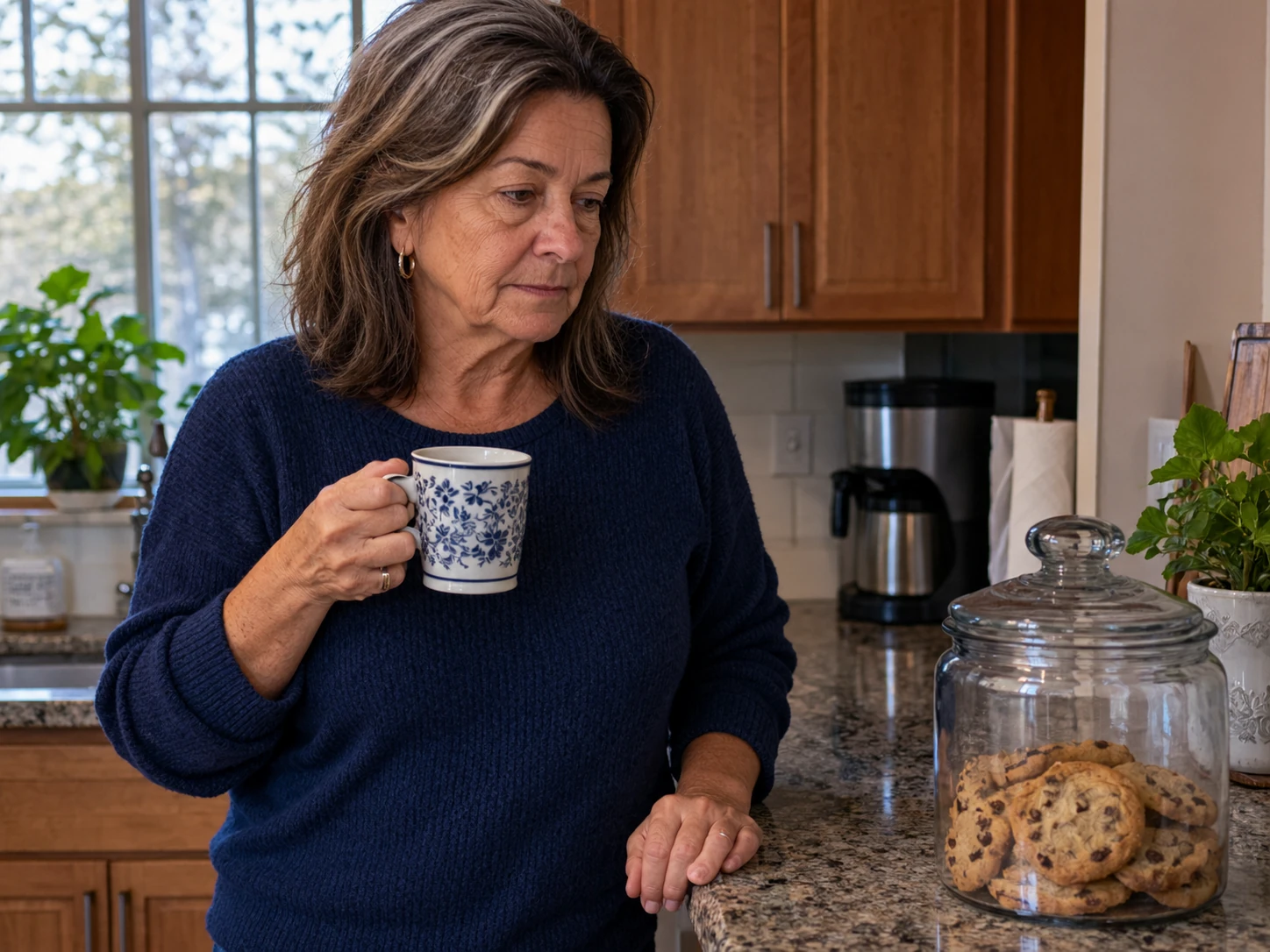Woman tired in the kitchen looking at a cookie jar
